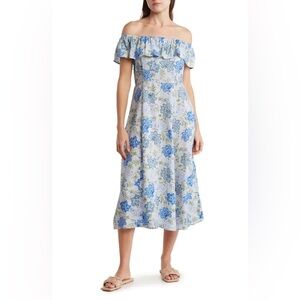 Lucky Brand Blue Floral Off Shoulder Ruffle Dress Size S Rayon Boho